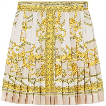 Versace Women's Barocco Print Silk Pleated Mini Skirt in Golden, Size 42, Style Number: 10008291A115285K520