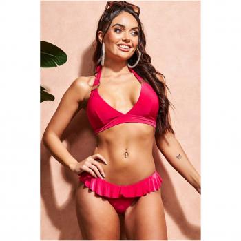 Goddiva Ruffle Brief Buckle Bikini - Cerise, Pink Silk, Size Small
