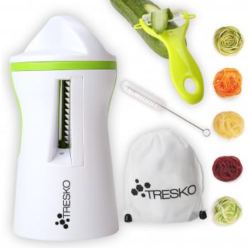 TRESKO® Cortador manual en espiral cortador de verdura pelador de pepinos pelador de zanahoria para espaguetis vegetales, para verdura hasta 50 mm de diámetro, incl. pelador de verdura con cuchillo de cerámica, cepillo y bolsa de almacenamiento