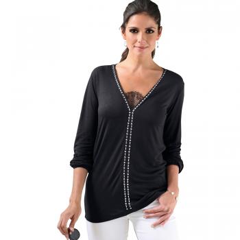 Camiseta Escote v con Detalle de puntilla y Aplicaciones metálicas en - 007327,Negro,L