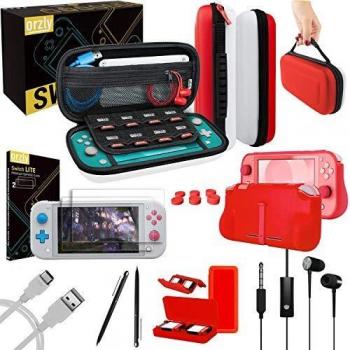 Orzly Accesorios para Nintendo Switch Lite – Pack Incluye: Protectores de Pantalla & Funda para Switch Lite Consola, Funda Comfort Grip, Cable USB, Auriculares y más. Rojo/Blanco