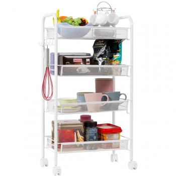 LANGRIA Carrito Auxiliar de Bandejas de Malla Metálica con Ruedas, Estantería Metálica, Uso Múltiple para Cocina, Salón, Oficina, Baño, 4 Bandejas, Color Blanco