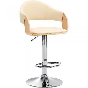 Taburete de Bar Nilse en Cuero Sintético Natural/Crema, con Carcasa de Madera y Estructura Cromada, Ajustable en Altura