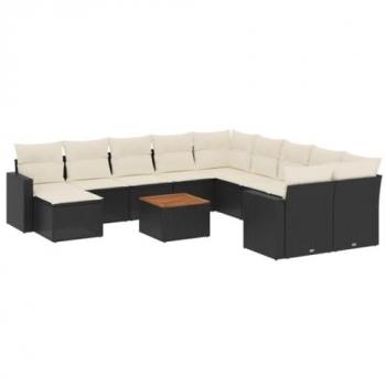 12-Piece Black Poly Rattan Garden Sofa Set with Cushions