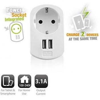 Cargador USB Ewent EW1211 de 155W con 2 Puertos y Toma de Corriente, Blanco