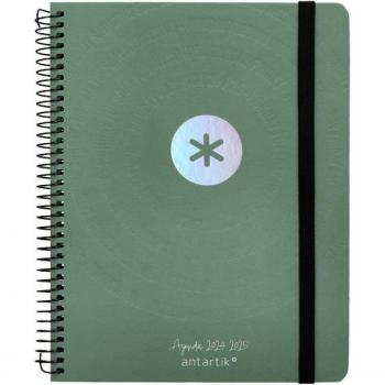 Agenda escolar Antartik 2024-2025 A5 semana vista espiral tapa cartón forrado verde minimalista bilingüe