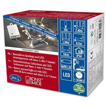 Cadena de luces LED exteriores con sensor de luz IP44, 20 diodos cálidos, batería y temporizador 6h/9h