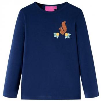 Camiseta Infantil de Manga Larga Azul Marino con Dibujo de Ardilla, Tamaño 116