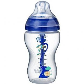 Tommee Tippee Biberón Anti-cólicos Avanzado, 260 ml, Transparente y Azul Marino, Tetina Similar al Pecho, Sensor Térmico, 3+ Meses, 1 Unidad