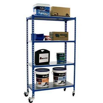 Estantería Móvil Simonclick Mini 4 Baldas Metalicas Azul/Galva 1500x800x500 mm con Ruedas, Capacidad de Carga 75 kg