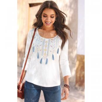 VENCA Camiseta Escote Redondeado y Manga Larga Mujer by Vencastyle - 018581,Crudo,XL