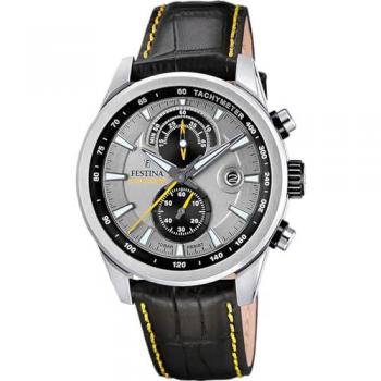 Reloj Festina Timeless Chronograph F20695/4 Hombre Caja de Acero Inoxidable 316L Plateado Correa de Piel Negra Gris
