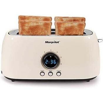 morpilot Tostador De Doble Ranura Larga, 1250W Inox Clásico Tostadora Pan Para 4 Rebanadas, 6 Niveles de Potencia Tres Funciones Iluminación LED Tostadoras con Bandeja Recogemigas, Beige