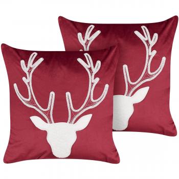 Conjunto de 2 cojines decorativos de terciopelo rojo con motivo de reno Navidad 45 x 45 cm