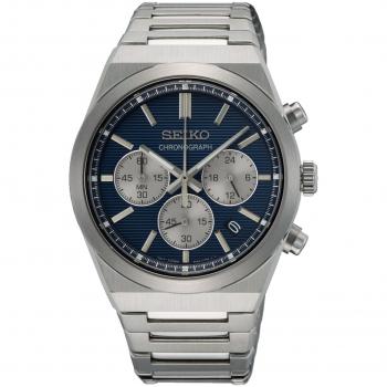Seiko Sports Chronograph Stainless Steel Quartz Men's Watch with Blue Dial and 100M Water Resistance - Model SSB453P1