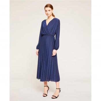 Vestido midi con escote V profundo de punto de lúrex plisado