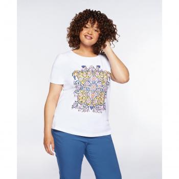 Camiseta de mujer Fiorella Rubino con estampado de mayólica y dibujo frontal, manga corta