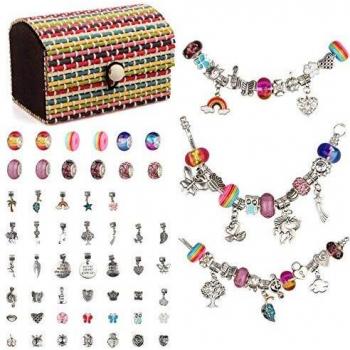 Hacer Pulseras Niñas Kit de Fabricación de Pulseras para Niñas, kit para Hacer Pulseras Juegos de Manualidades Niñas con 3 Cadenas Plateadas, 52 Cuentas y Colgantes, 1 Caja, Niña Regalo de 6 a 12 Años