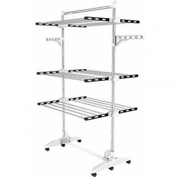 Estante Tendedero de Ropa Plegable, 3 Niveles, Acero Inoxidable, Carga Máxima 3 kg por Barra, con Alas y Ruedas, Negro/Blanco