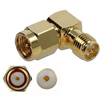 Adaptador SMA Macho a RP-SMA Hembra 90° 10 GHz con Conexiones de Oro