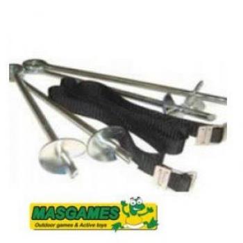 | MASGAMES | Set de fijaciones de cama elástica | Evita que el viento mueva tu trampolín | Correas de 150 cm de largo | Anclajes de acero de 30 cm de largo x 5 cm diámetro |