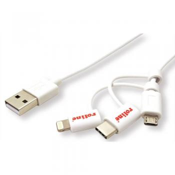 Cable de Sincronización y Carga Roline USB 2.0, 1 m, USB-A a Micro-USB B, Tipo C y Lightning, Blanco