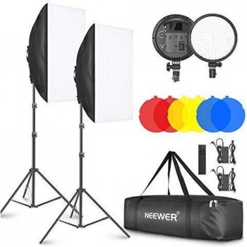 Neewer 2-Pack Kit Iluminación LED 2,4G Softbox con Filtro Color 51,1x71cm Softbox 3200-5600K 48W Cabezal de Luz LED Regulable con Control Remoto 2,4G Soporte Luz Filtro Rojo Amarillo Azul para Vídeo