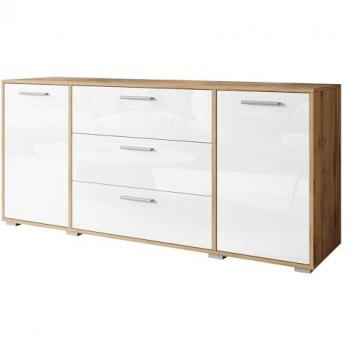 Cómoda Sarasota 174, Wotan Roble y Blanco Brillante, Con Cajones y Puertas, 150x68x40cm