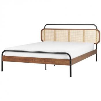 Cama matrimonial moderna con somier y cabecero trenzado de madera de caucho oscura 180 x 200 cm Boussicourt