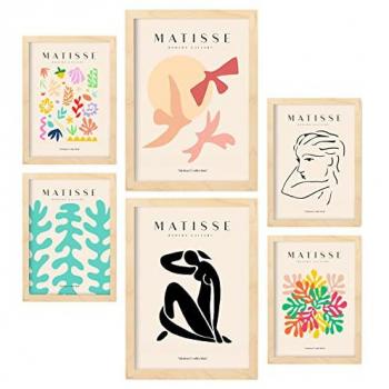 Set de 6 Posters Henri Matisse - Láminas de Fauvismo y Arte Abstracto para Decoración, Tamaños A3 y A4, Marcos Color Madera