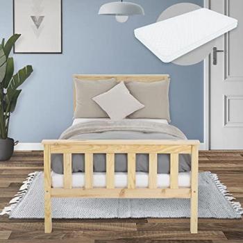 Cama Infantil de Madera Natural 90x200 cm con Colchón Espuma Fría Hipoalergénico y Estructura de Listones, Cabecero y Piecero