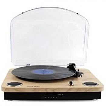 PRIXTON Marconi - Tocadiscos de Vinilo Vintage, Reproductor de Vinilo y Reproductor de Musica Mediante Bluetooth, USB y TF, 2 Altavoces Incorporados, Tapa Antipolvo, Diseño Veta de Madera