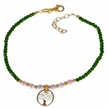 Pulsera de plata con baño de oro para mujer con piedras verdes, perlas y árbol de la vida