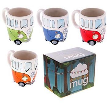 Set of 4 Camper Van Mugs, Hand Painted Blue, Red, Orange & Green by Camper Van