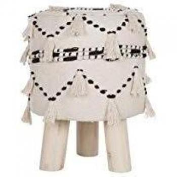 Reposapiés Thondi de algodón beige y negro con patas de madera y borlas decorativas, diseño boho