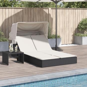 Tumbona doble con capota y cojines de ratán sintético en negro, marrón y gris - Sillas de exterior ideales para jardín, playa, piscina y terraza
