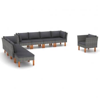 9-Piece Grey Poly Rattan Garden Lounge Set with Eucalyptus Wood