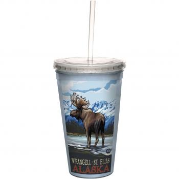 Tree-Free Greetings cc33276 Scenic Wrangell St. Elias Alaska Moose by Paul A. Lanquist Artful Traveler Double-Walled Cool Cup with Straw, 16-Ounce by Tree-Free Greetings