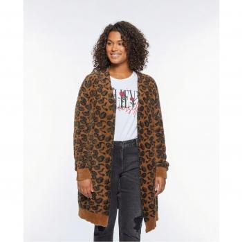 Cárdigan largo animalier con estampado de leopardo y detalles en negro