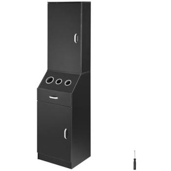 Beauty Salon Station Organizer with 3 Hair Dryer Holders and Storage Cabinet, Black