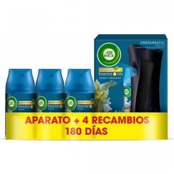 Air Wick Freshmatic - Aparato y Recambios de ambientador spray automático, esencia para casa con aroma a Oasis Turquesa - 1 aparato y 4 recambios