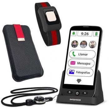 Smartphone Swissvoice S510-C para Personas Mayores, Fácil de Usar, con Teclas Grandes, Pulsera SOS Bluetooth, Base de Carga y Funda Protectora