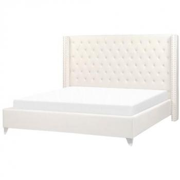 Cama doble de terciopelo blanco crema 180 x 200 cm con cabecera alta abotonada y detalles de tachuelas estilo glamuroso