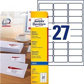 Etiquetas Adhesivas para Impresora Inkjet Avery J4792-25, 63.5 x 29.6 mm, 675 Etiquetas en 25 Hojas, Acabado Blanco