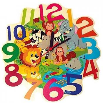 Hess Holzspielzeug 30011 - Reloj de pared de madera para niños, serie animales de la selva, con mecanismo de cuarzo, hecho a mano, indicador de la hora de colores para la habitación de los niños