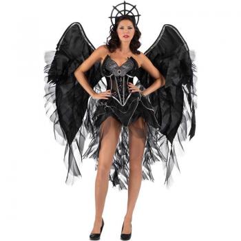 Disfraz de Ángel Oscuro con alas grandes para mujer, incluye vestido negro ajustado, capa larga, diadema con cuernos y alas grandes