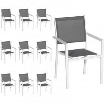 Juego de 10 sillas apilables de aluminio blanco y textileno gris Happy Garden