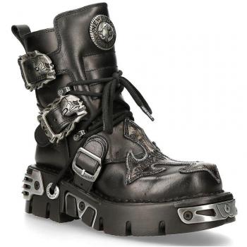 New Rock 407-S1 Silver Cross Black Leather Biker Boots EU40