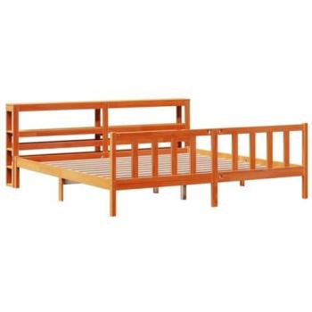 Estructura de cama con cabecero de madera de pino macizo, color marrón, dimensiones 180x200 cm, acabado en cera