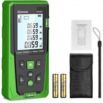 Telémetro láser, Ginour 50m Medidor Láser de Distancia, Precisión ±1.5mm, Pantalla retroiluminada LCD con 2 Burbujas, USB Carga, Cálculo de Distancia, Área, Volumen, Pitágoras, Adición y Sustracción